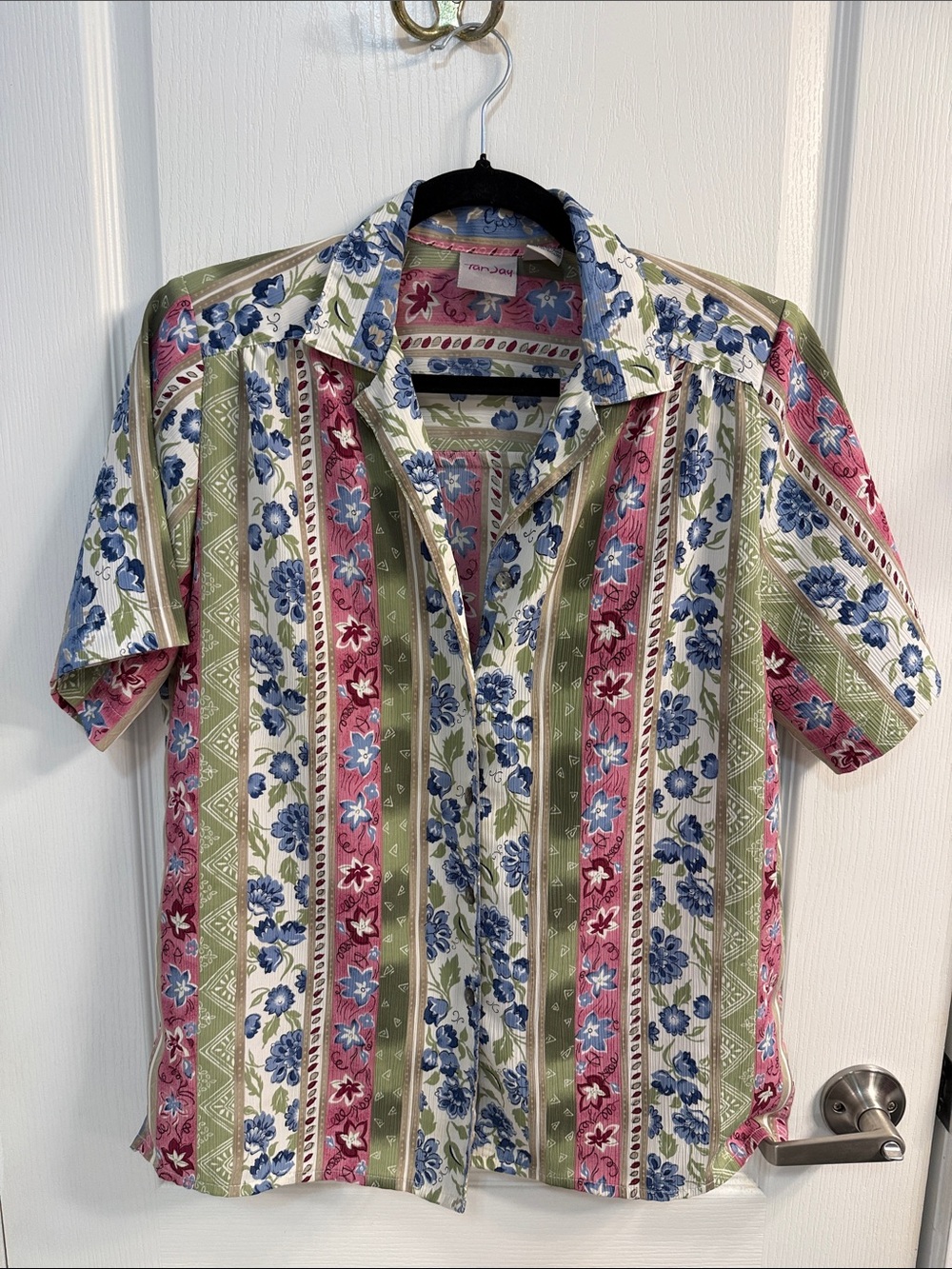 Vintage Art to Wear TanJay Pink, Blue & Green Floral Stripe Short-Sleeve Shirt